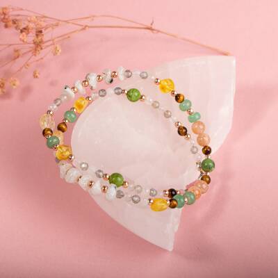 Yeşim-Kaplan Gözü-Hematit-Güneş Taşı-Aventurin-Sitrin-Kehribar-Labradorit-Ay Taşı-Pembe Kuvars Doğal Taş Kolye - 5