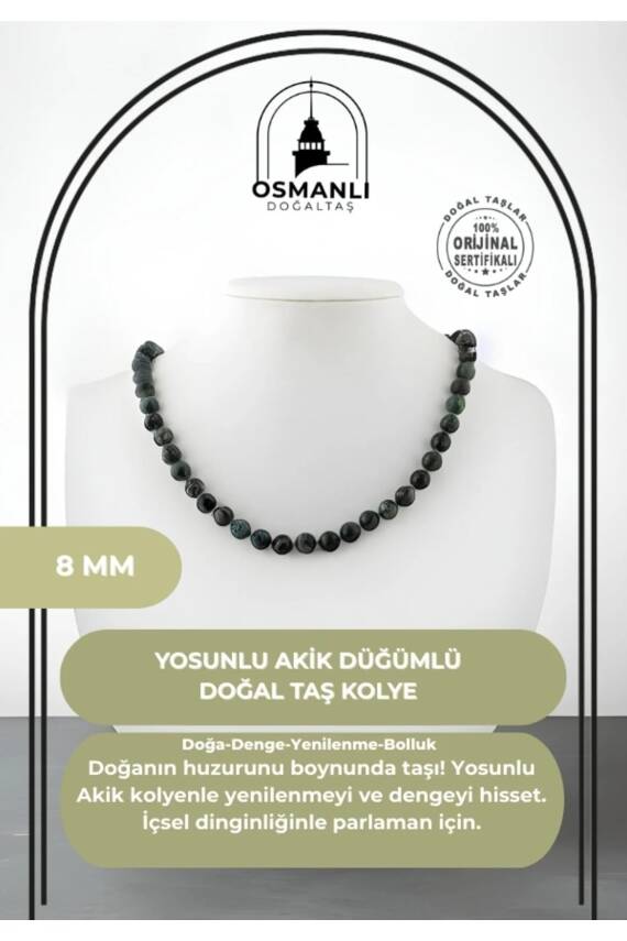 Yosunlu Akik 8 mm Düğümlü Doğal Taş Kolye - 2