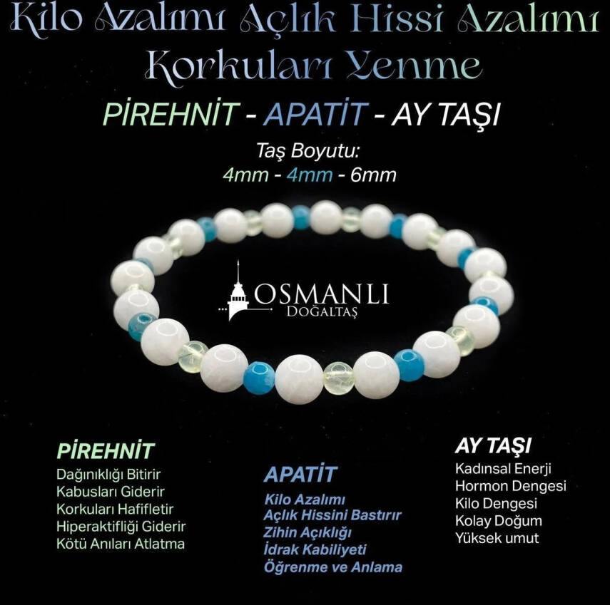 Zayıflama Açlık Bastırma Korkuları Azaltma Bilekliği - Ay Taşı - Prehnit - Apatit - 2