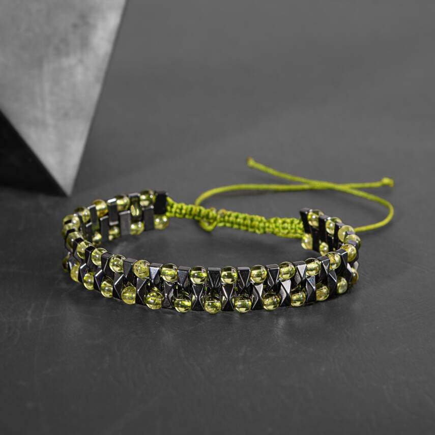 Zebercet-Hematit Doğal Taş Erkek Makrome Bileklik - 5