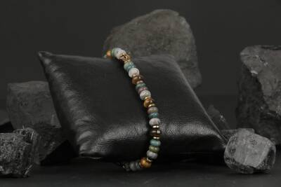 Zeytuni Gri Jasper-Kaplan Gözü-Hint Akik Doğal Taş Erkek Bileklik - 2