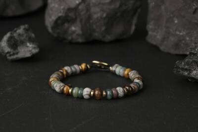 Zeytuni Gri Jasper-Kaplan Gözü-Hint Akik Doğal Taş Erkek Bileklik - 3