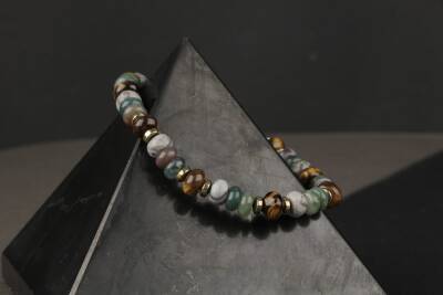 Zeytuni Gri Jasper-Kaplan Gözü-Hint Akik Doğal Taş Erkek Bileklik - 4