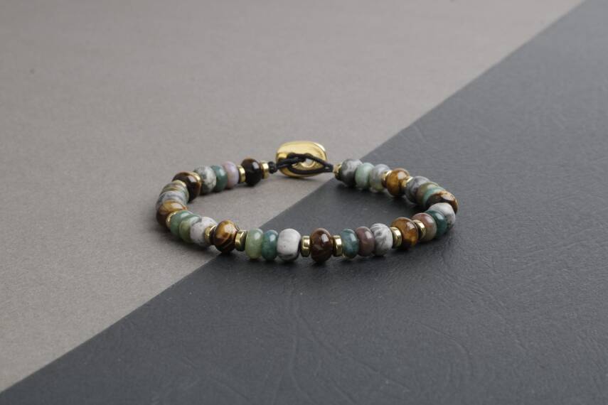 Zeytuni Gri Jasper-Kaplan Gözü-Hint Akik Doğal Taş Erkek Bileklik - 5