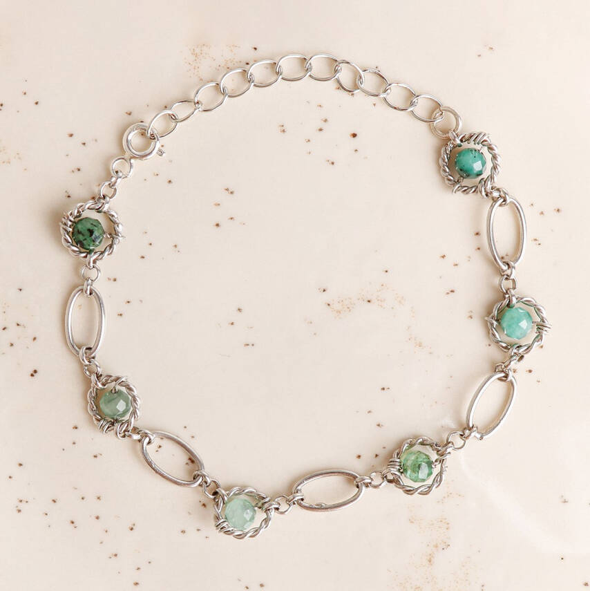 Zümrüt Doğal Taş Gümüş Zincir Bileklik - 3