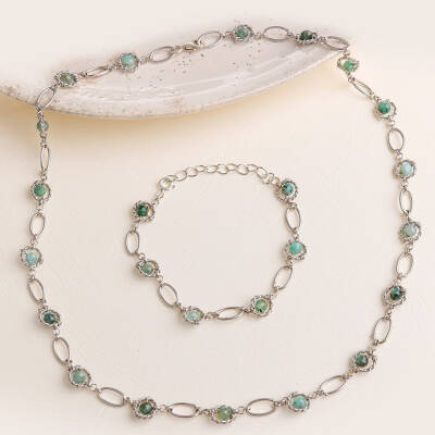 Zümrüt Doğal Taş Gümüş Zincir Kolye Bileklik Seti - Osmanlı Doğaltaş