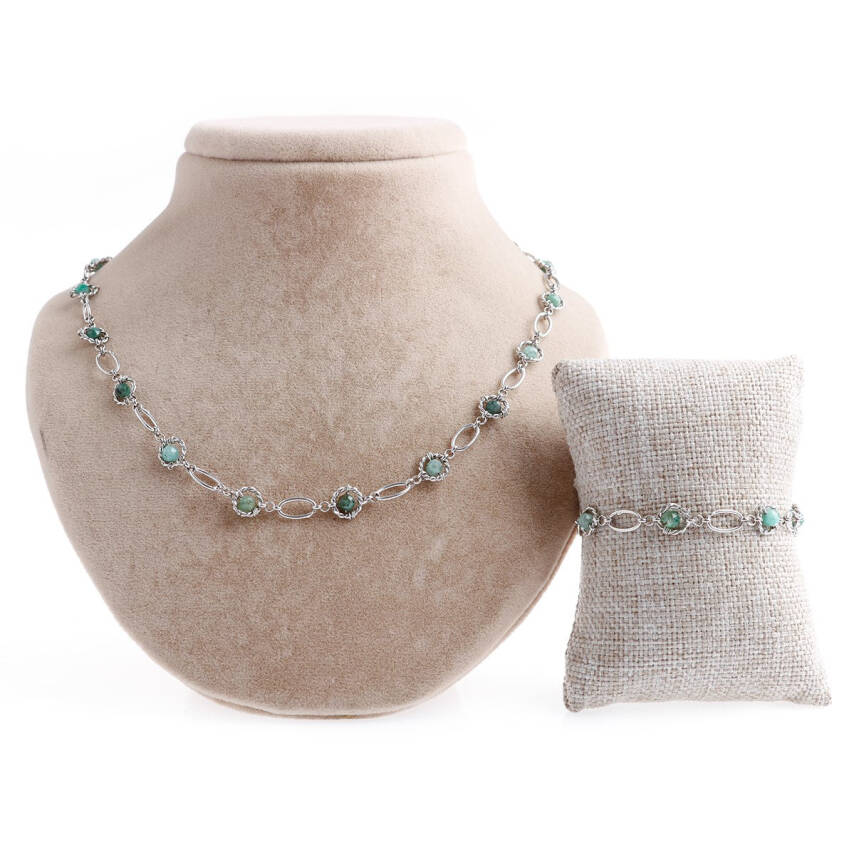 Zümrüt Doğal Taş Gümüş Zincir Kolye Bileklik Seti - 4